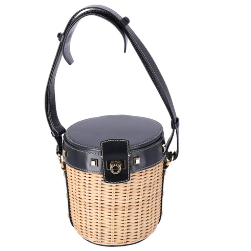 Salvatore Ferragamo Gancini Drawstring Bucket Bag Wicker Studded Leather + Pouch Salvatore Ferragamo Handbags